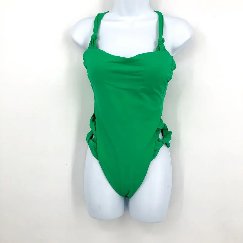 BECCA Baja Mar One Piece Swimsuit Small Green Verde Bow Side Open Back NWT